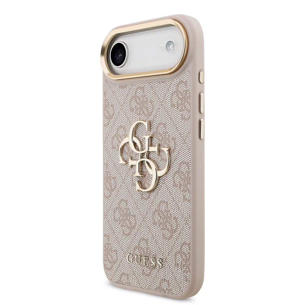 Apple iPhone 17 Air Kılıf Guess Gold Metal Kamera Çerçeveli Büyük 4G ve Yazı Logolu Kapak Pembe