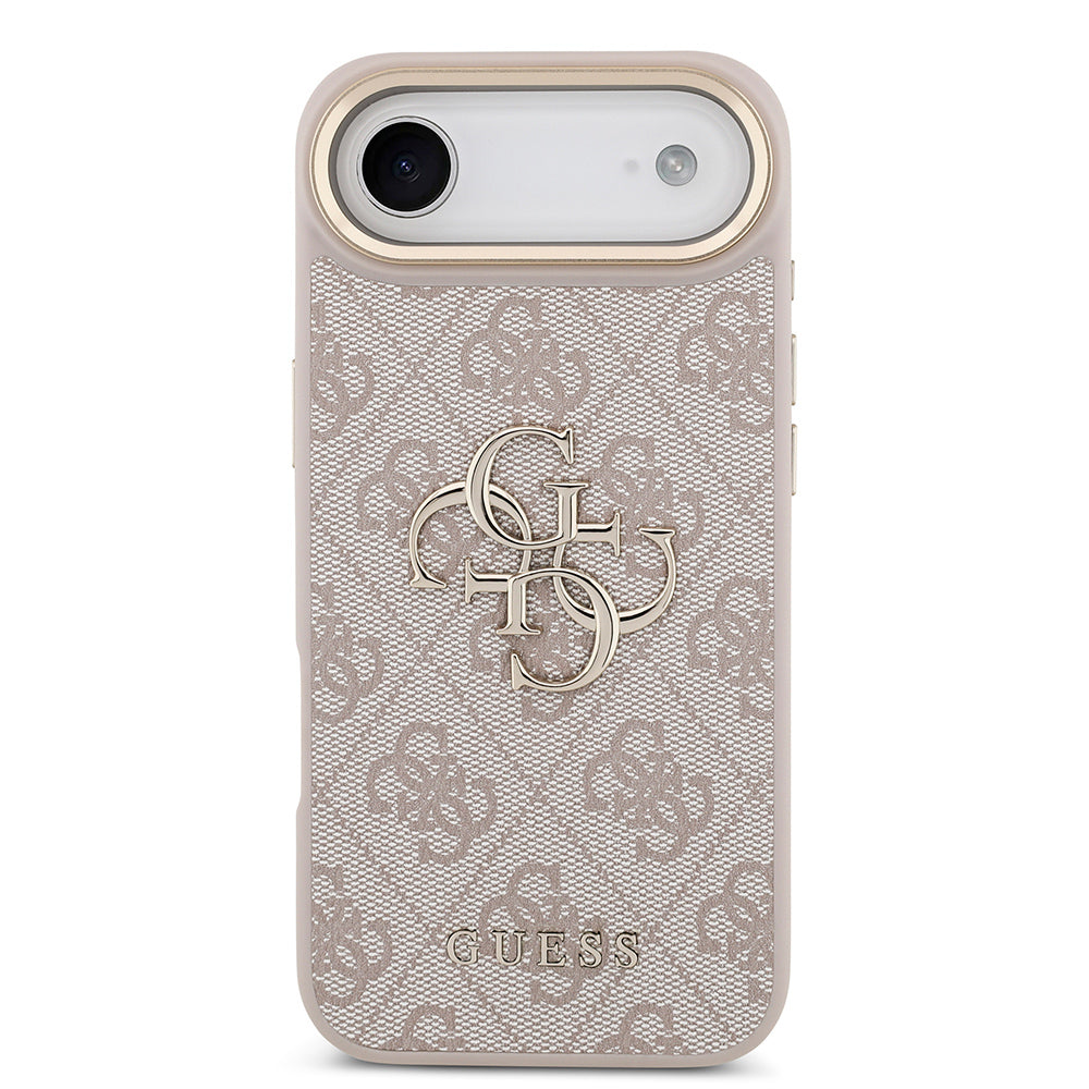 Apple iPhone 17 Air Kılıf Guess Gold Metal Kamera Çerçeveli Büyük 4G ve Yazı Logolu Kapak Pembe