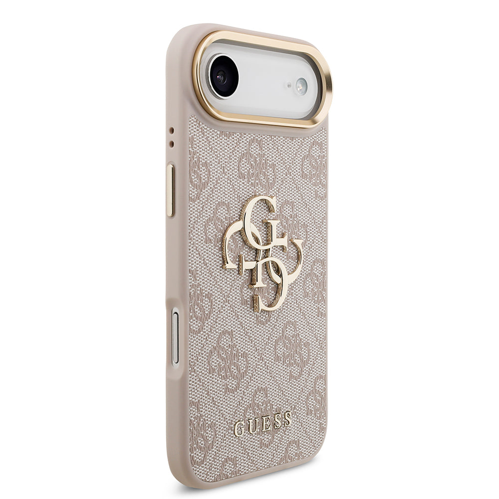 Apple iPhone 17 Air Kılıf Guess Gold Metal Kamera Çerçeveli Büyük 4G ve Yazı Logolu Kapak Pembe