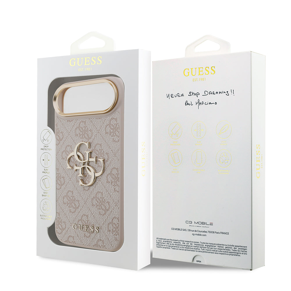 Apple iPhone 17 Air Kılıf Guess Gold Metal Kamera Çerçeveli Büyük 4G ve Yazı Logolu Kapak Pembe