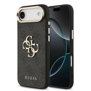 Apple iPhone 17 Air Kılıf Guess Gold Metal Kamera Çerçeveli Büyük 4G ve Yazı Logolu Kapak Siyah