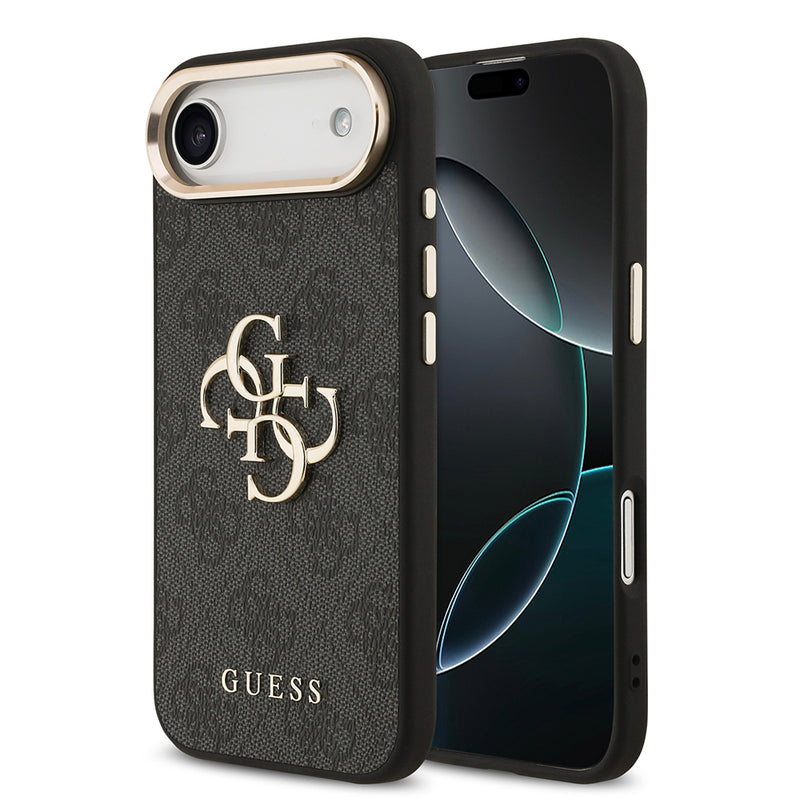 Apple iPhone 17 Air Kılıf Guess Gold Metal Kamera Çerçeveli Büyük 4G ve Yazı Logolu Kapak Siyah