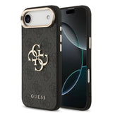 Apple iPhone 17 Air Kılıf Guess Gold Metal Kamera Çerçeveli Büyük 4G ve Yazı Logolu Kapak Siyah