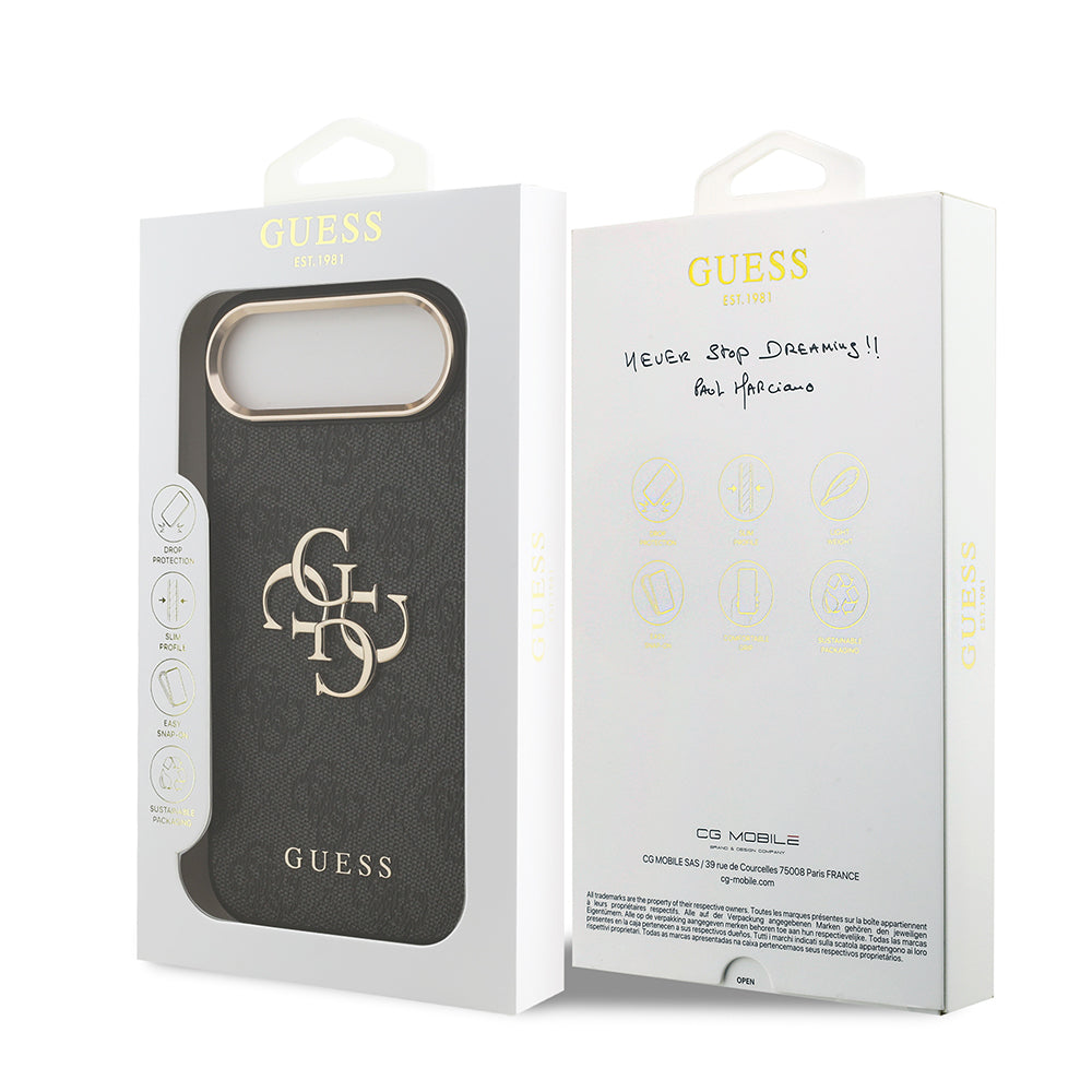 Apple iPhone 17 Air Kılıf Guess Gold Metal Kamera Çerçeveli Büyük 4G ve Yazı Logolu Kapak Siyah
