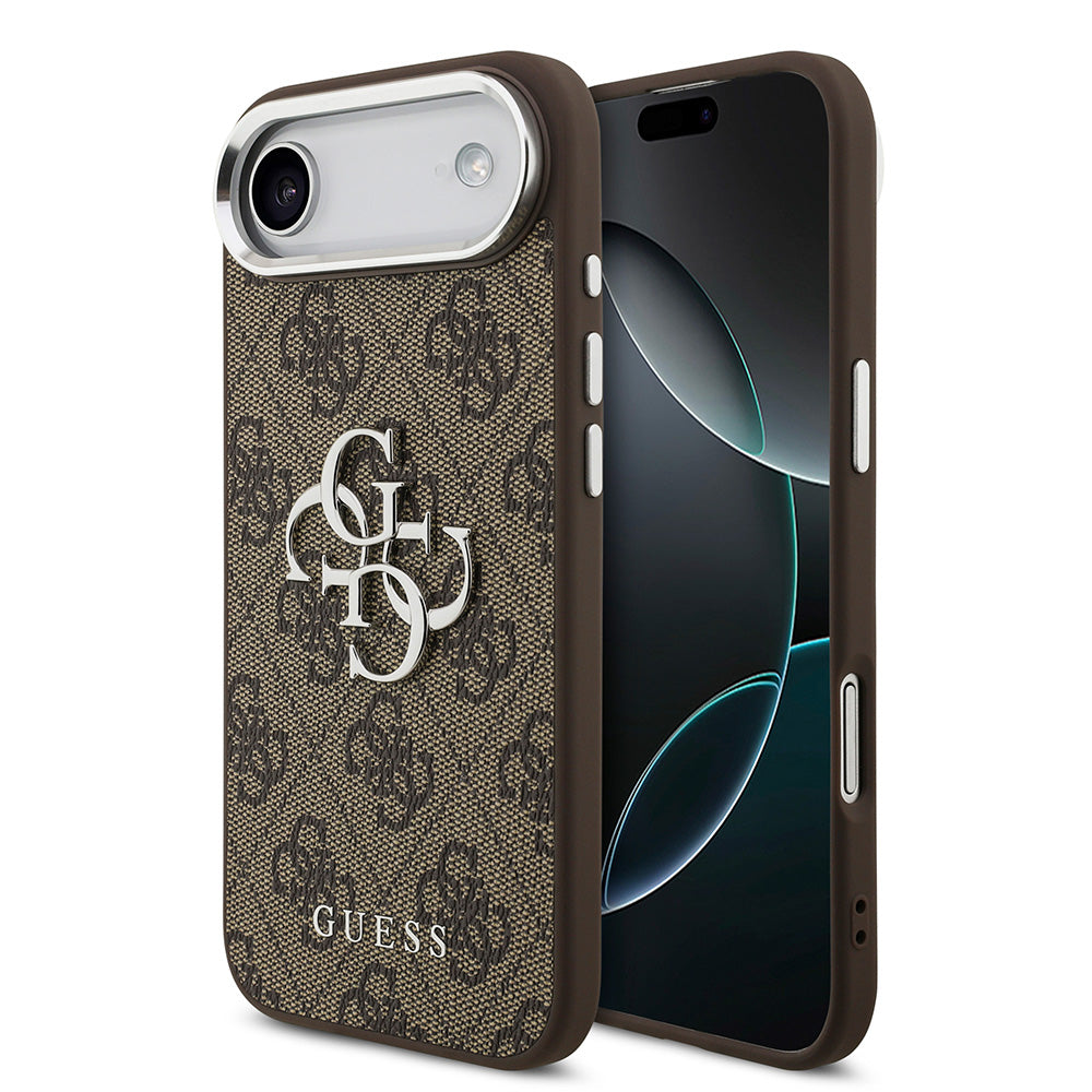 Apple iPhone 17 Air Kılıf Guess Gümüş Metal Kamera Çerçeveli Büyük 4G ve Yazı Logolu Kapak Kahverengi