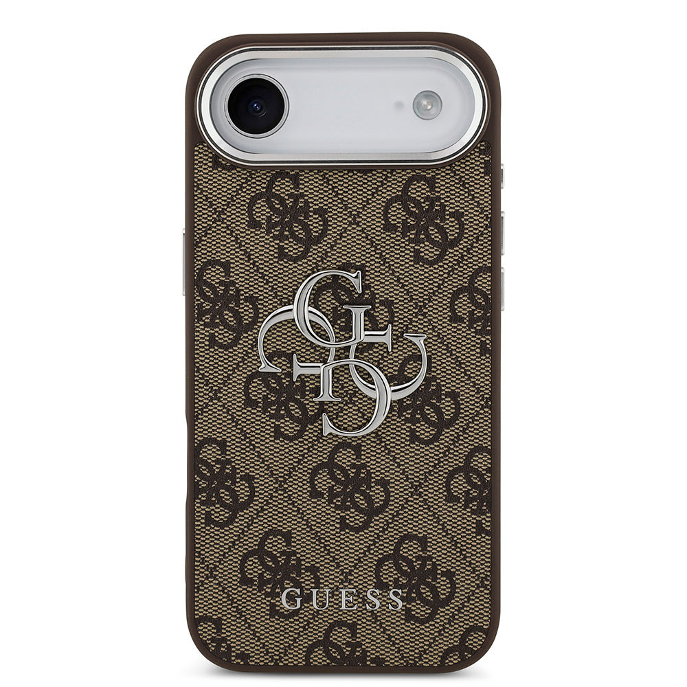 Apple iPhone 17 Air Kılıf Guess Gümüş Metal Kamera Çerçeveli Büyük 4G ve Yazı Logolu Kapak Kahverengi