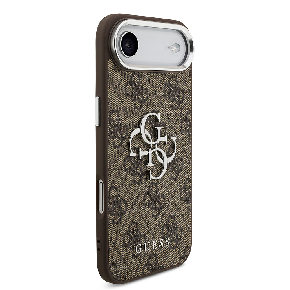 Apple iPhone 17 Air Kılıf Guess Gümüş Metal Kamera Çerçeveli Büyük 4G ve Yazı Logolu Kapak Kahverengi