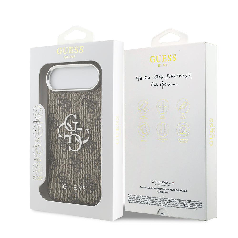 Apple iPhone 17 Air Kılıf Guess Gümüş Metal Kamera Çerçeveli Büyük 4G ve Yazı Logolu Kapak Kahverengi