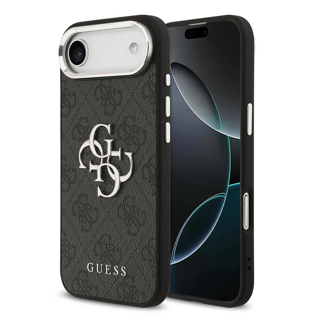 Apple iPhone 17 Air Kılıf Guess Gümüş Metal Kamera Çerçeveli Büyük 4G ve Yazı Logolu Kapak Siyah