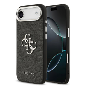 Apple iPhone 17 Air Kılıf Guess Gümüş Metal Kamera Çerçeveli Büyük 4G ve Yazı Logolu Kapak Siyah