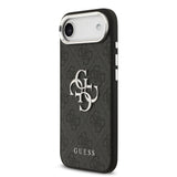 Apple iPhone 17 Air Kılıf Guess Gümüş Metal Kamera Çerçeveli Büyük 4G ve Yazı Logolu Kapak Siyah