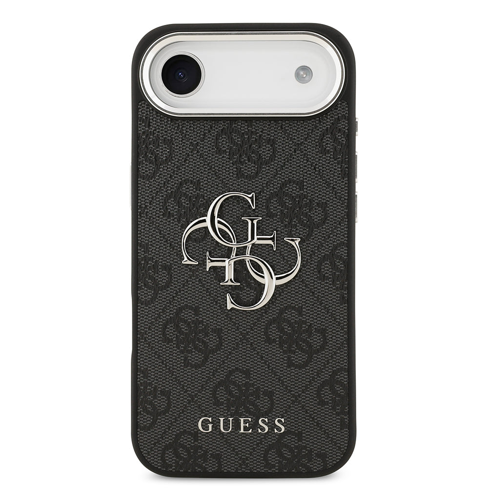 Apple iPhone 17 Air Kılıf Guess Gümüş Metal Kamera Çerçeveli Büyük 4G ve Yazı Logolu Kapak Siyah