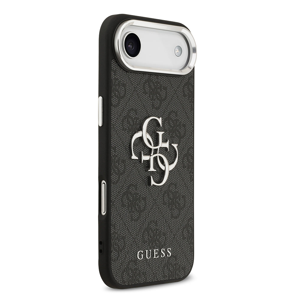 Apple iPhone 17 Air Kılıf Guess Gümüş Metal Kamera Çerçeveli Büyük 4G ve Yazı Logolu Kapak Siyah