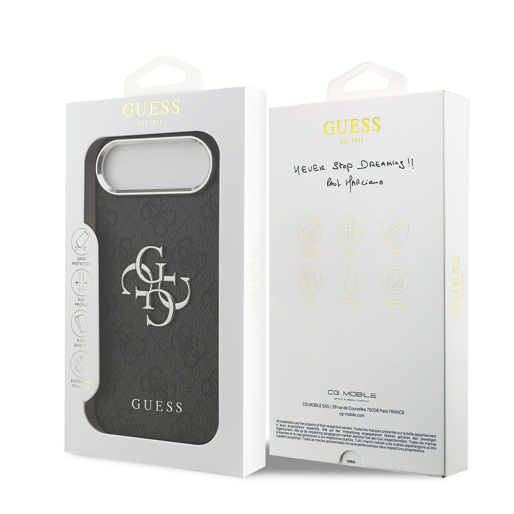 Apple iPhone 17 Air Kılıf Guess Gümüş Metal Kamera Çerçeveli Büyük 4G ve Yazı Logolu Kapak Siyah