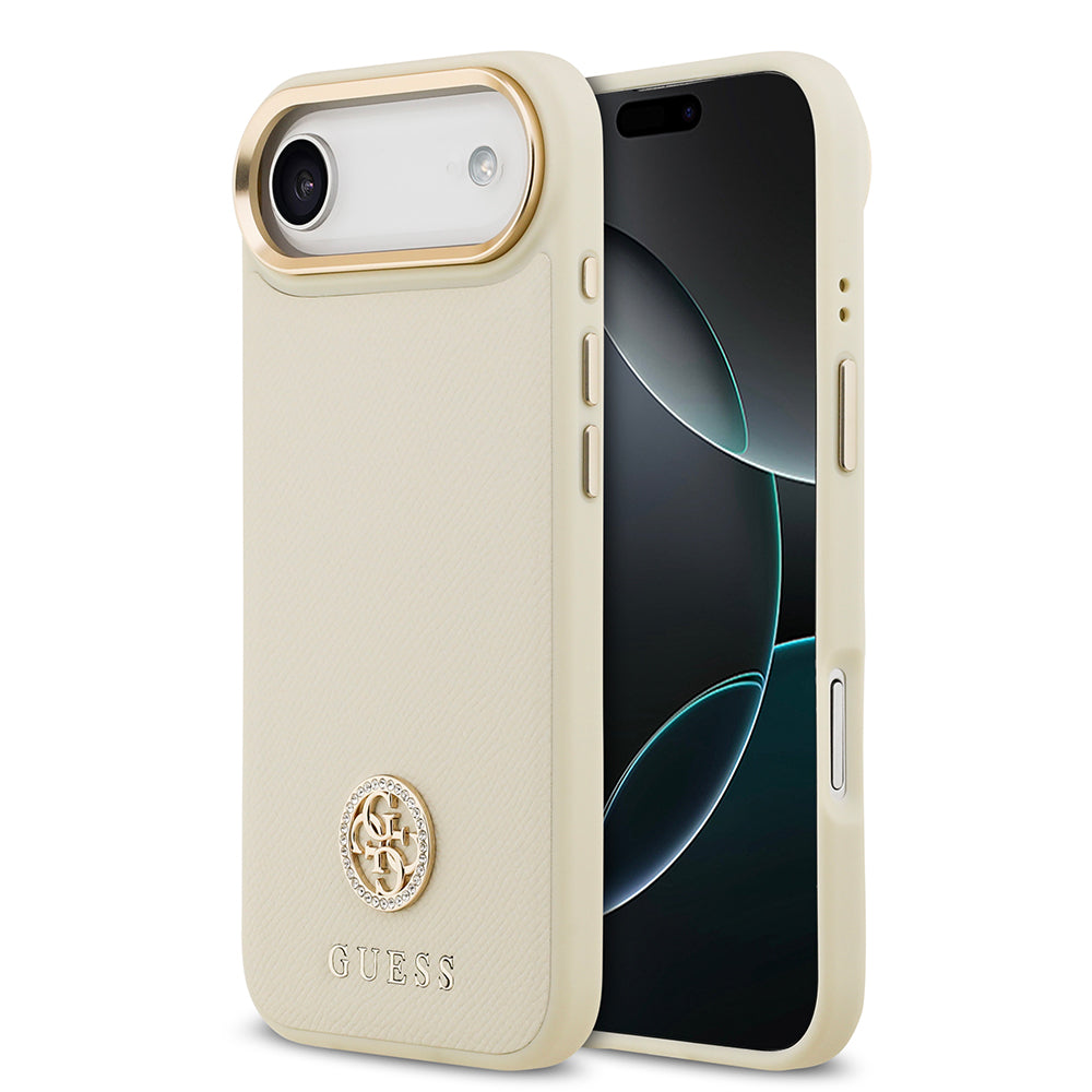 Apple iPhone 17 Air Kılıf Guess M-safe Özellikli Grained Yazı ve Taşlı 4G Logolu Kapak Bej