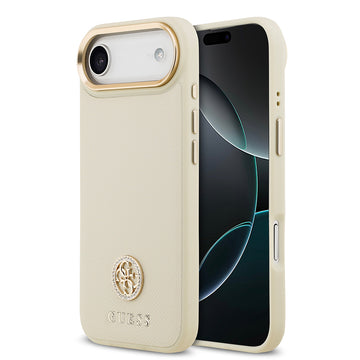 Apple iPhone 17 Air Kılıf Guess M-safe Özellikli Grained Yazı ve Taşlı 4G Logolu Kapak Bej