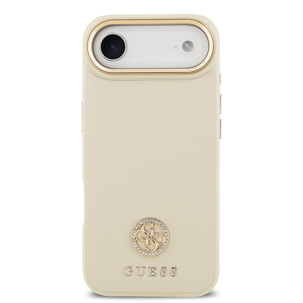 Apple iPhone 17 Air Kılıf Guess M-safe Özellikli Grained Yazı ve Taşlı 4G Logolu Kapak Bej