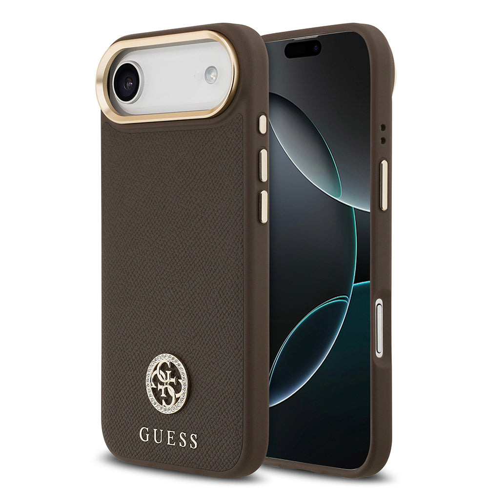 Apple iPhone 17 Air Kılıf Guess M-safe Özellikli Grained Yazı ve Taşlı 4G Logolu Kapak Kahverengi