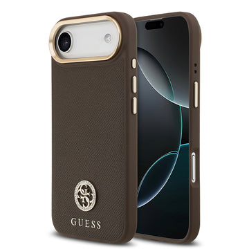 Apple iPhone 17 Air Kılıf Guess M-safe Özellikli Grained Yazı ve Taşlı 4G Logolu Kapak Kahverengi