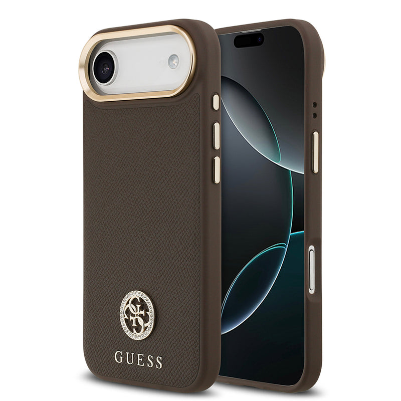 Apple iPhone 17 Air Kılıf Guess M-safe Özellikli Grained Yazı ve Taşlı 4G Logolu Kapak Kahverengi