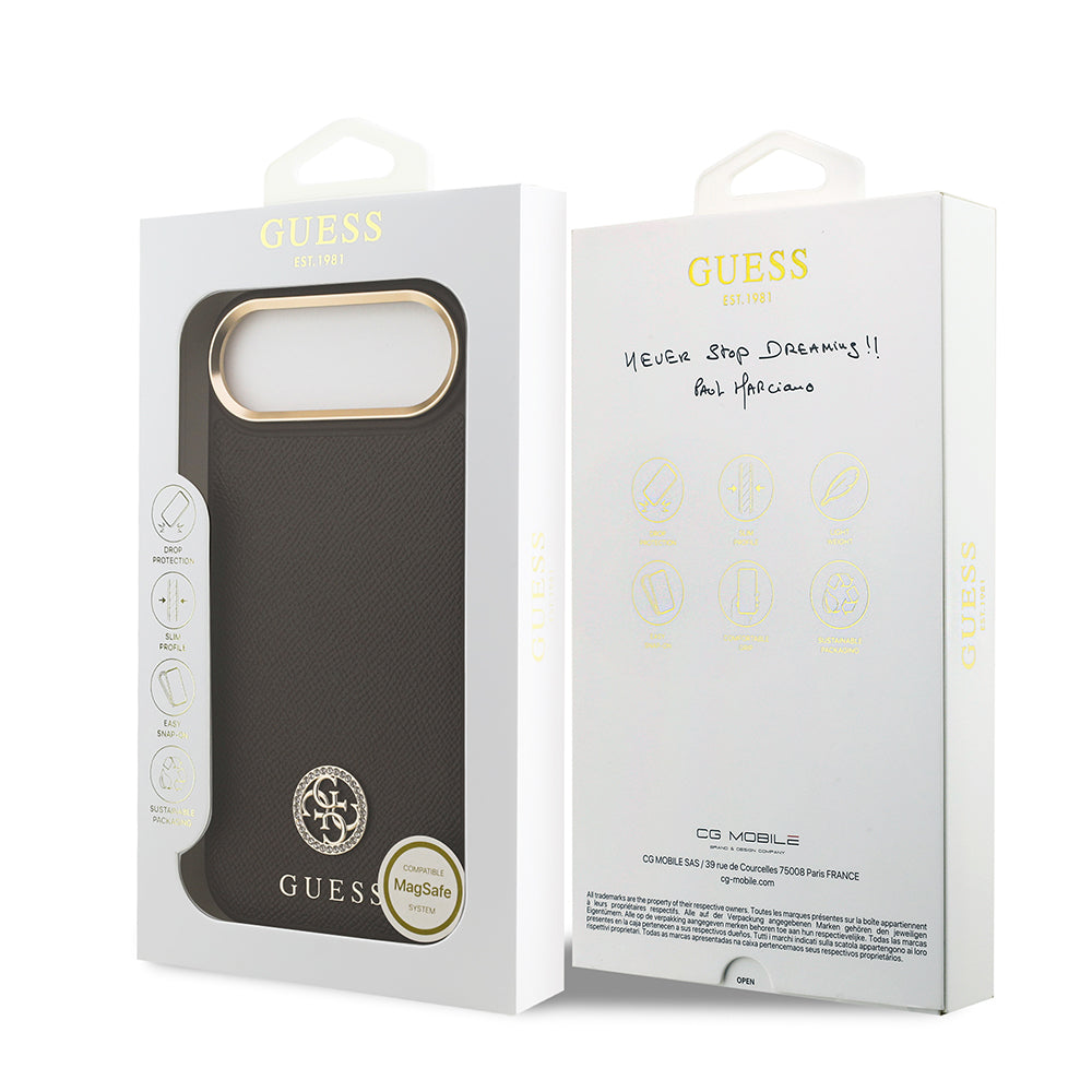 Apple iPhone 17 Air Kılıf Guess M-safe Özellikli Grained Yazı ve Taşlı 4G Logolu Kapak Kahverengi