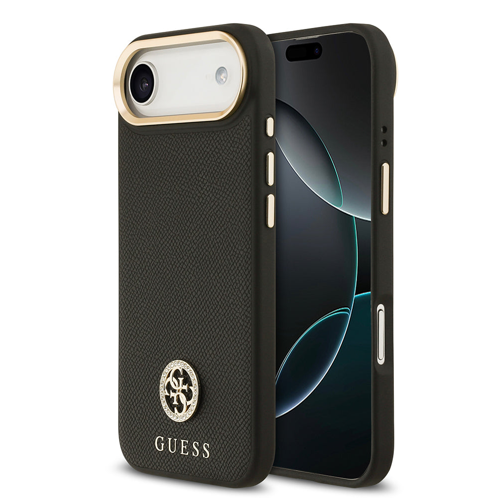 Apple iPhone 17 Air Kılıf Guess M-safe Özellikli Grained Yazı ve Taşlı 4G Logolu Kapak Siyah