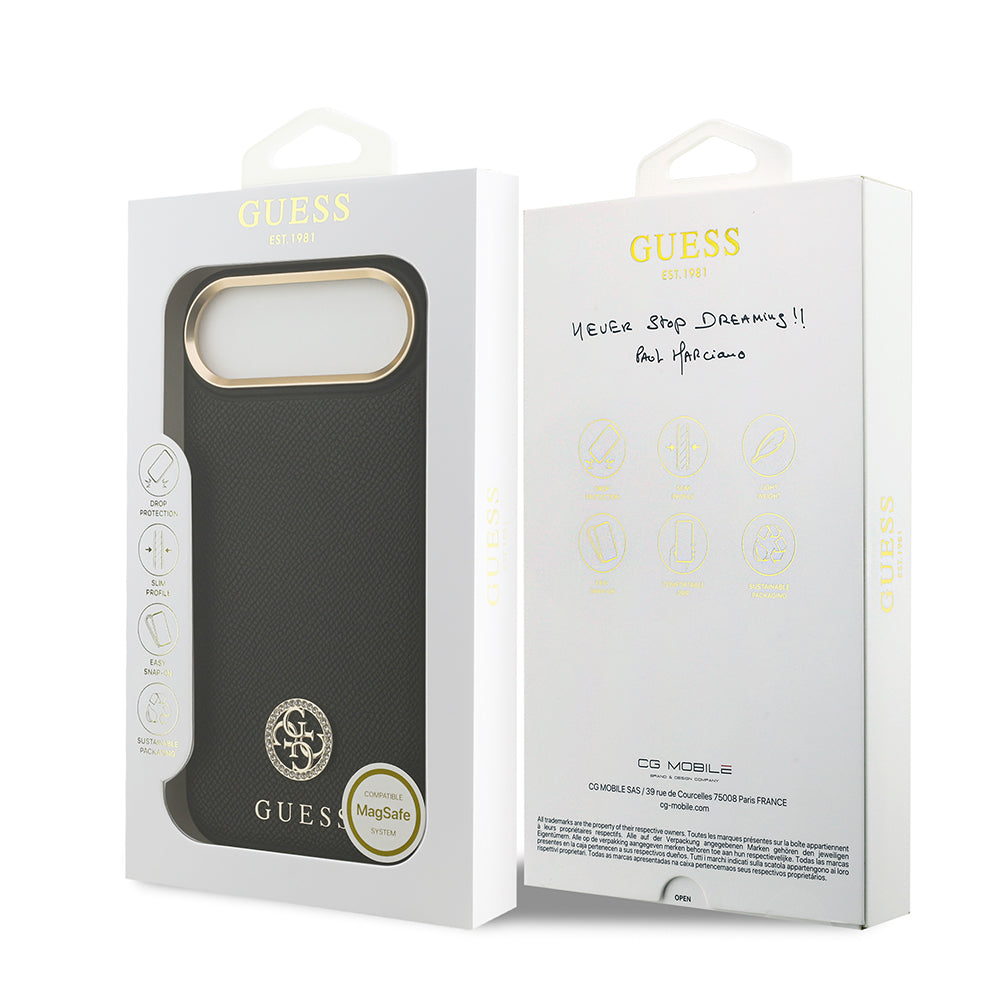 Apple iPhone 17 Air Kılıf Guess M-safe Özellikli Grained Yazı ve Taşlı 4G Logolu Kapak Siyah