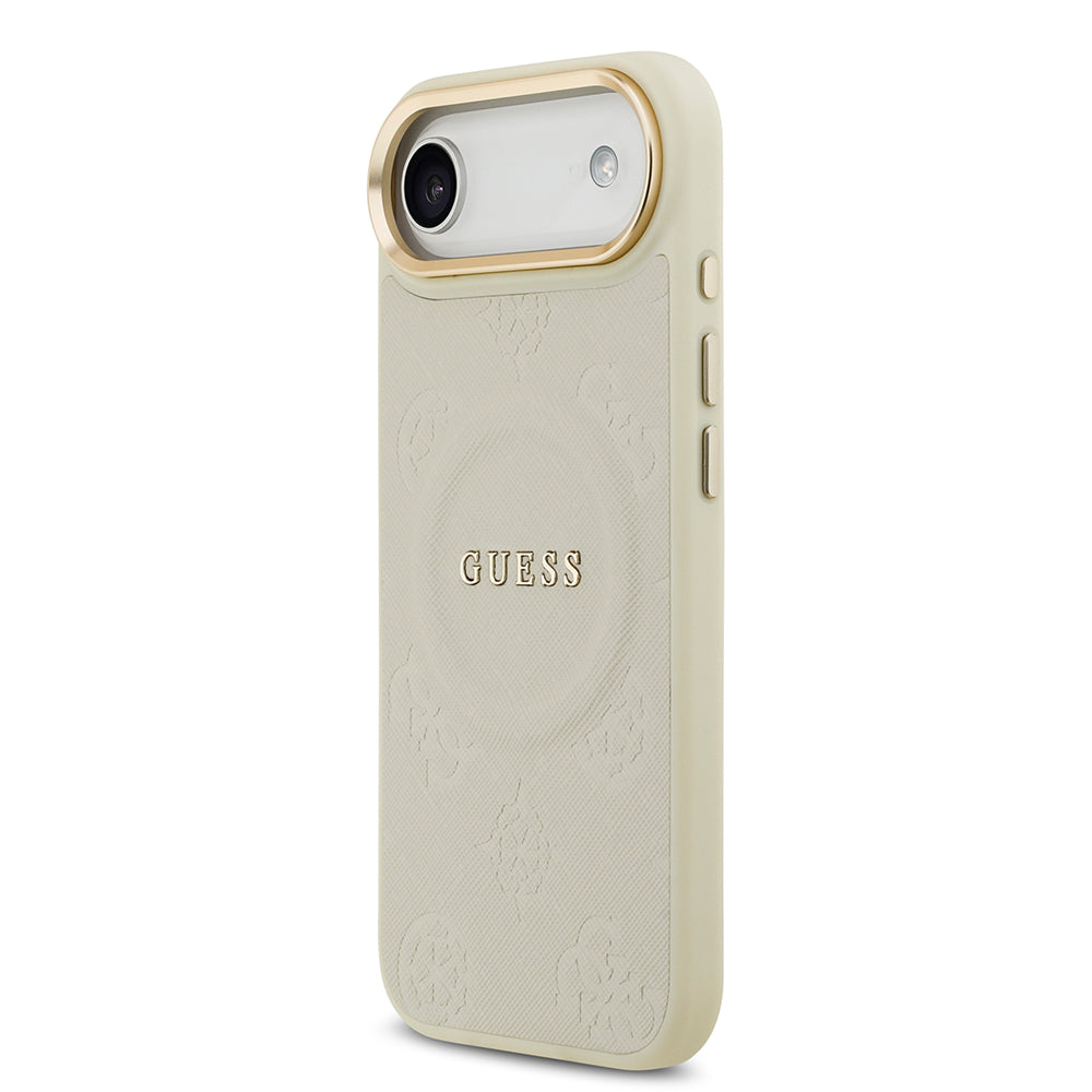 Apple iPhone 17 Air Kılıf Guess M-safe Özellikli Yazı Logolu PU Deri Peony Kapak Bej