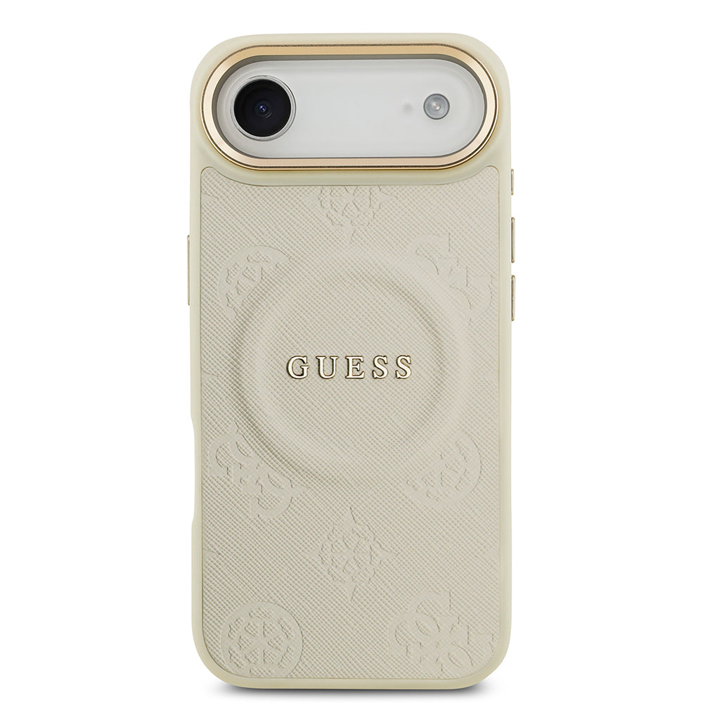 Apple iPhone 17 Air Kılıf Guess M-safe Özellikli Yazı Logolu PU Deri Peony Kapak Bej
