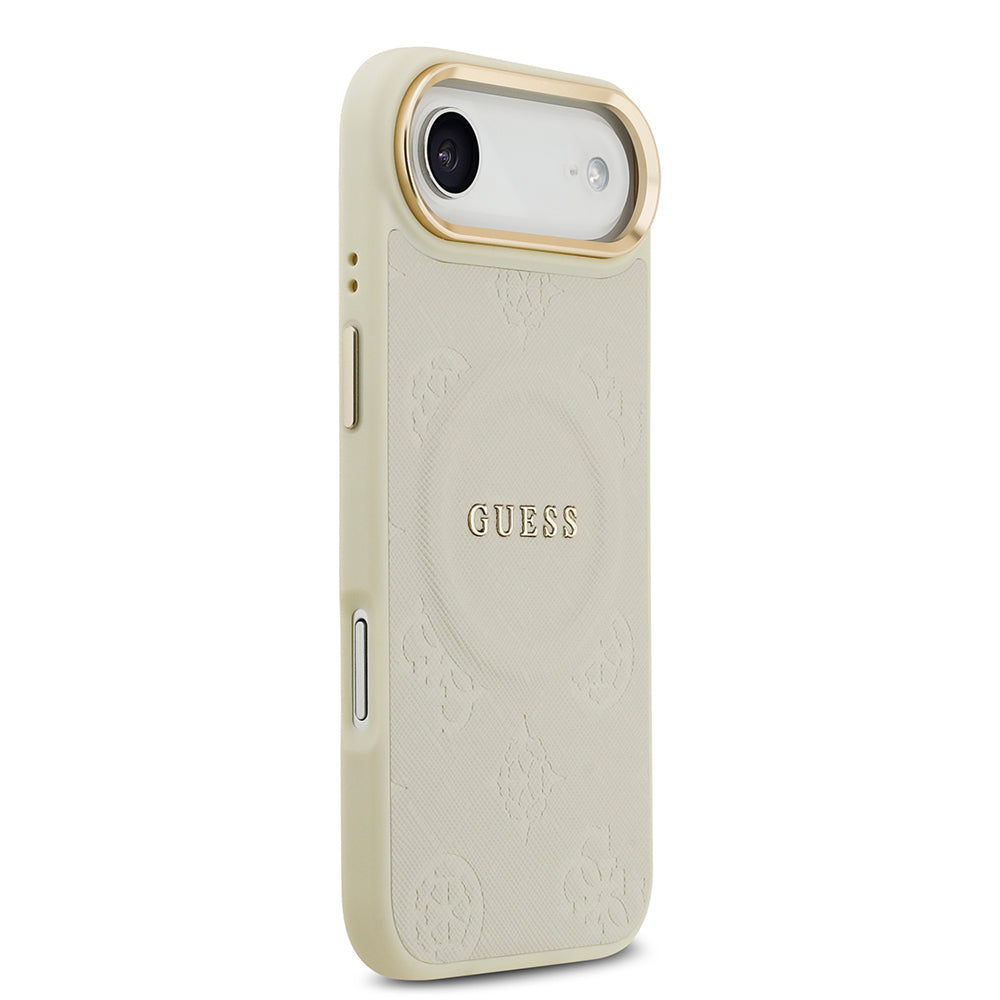 Apple iPhone 17 Air Kılıf Guess M-safe Özellikli Yazı Logolu PU Deri Peony Kapak Bej
