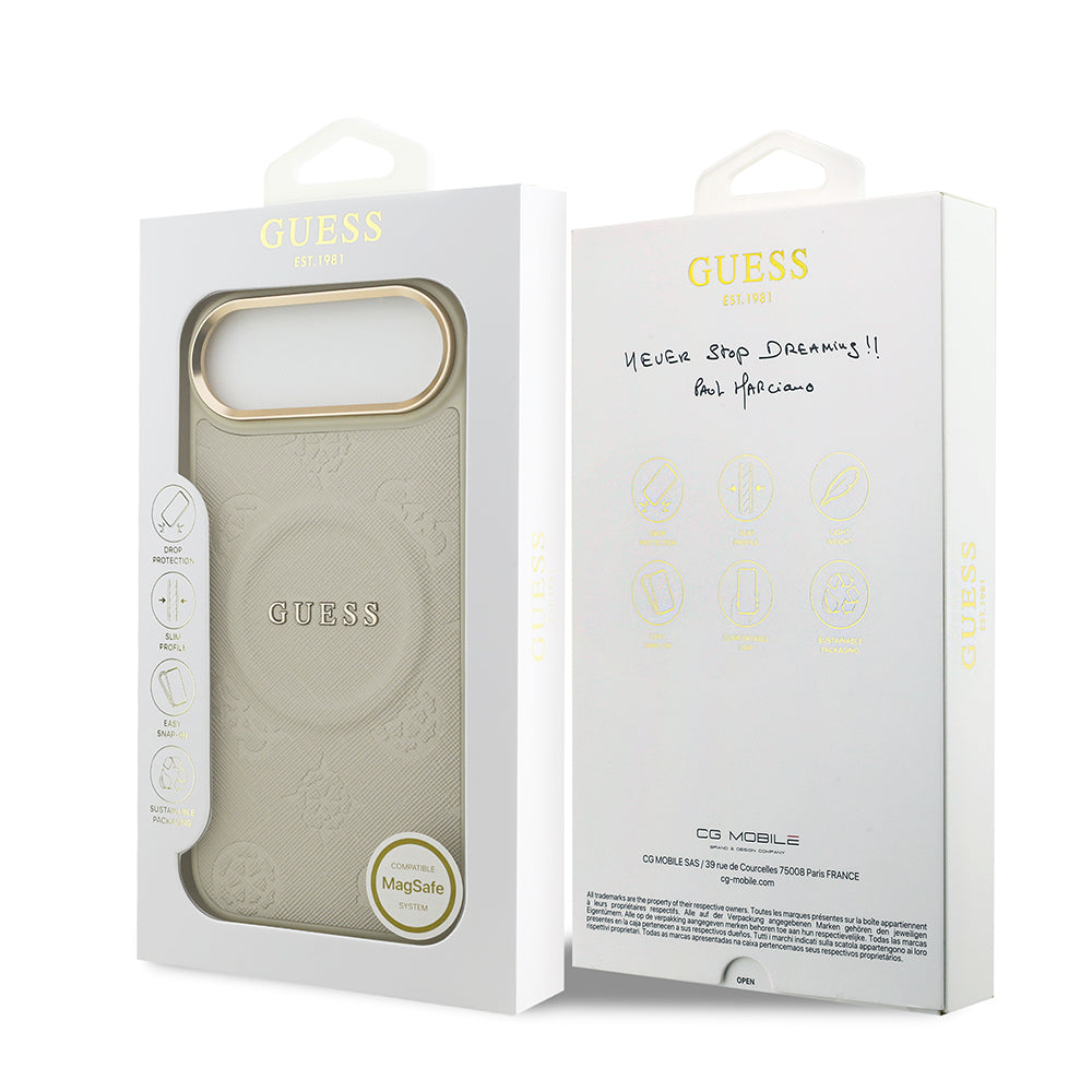 Apple iPhone 17 Air Kılıf Guess M-safe Özellikli Yazı Logolu PU Deri Peony Kapak Bej