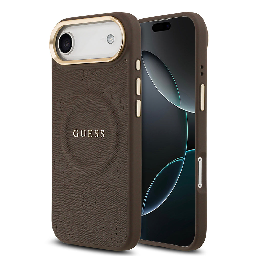 Apple iPhone 17 Air Kılıf Guess M-safe Özellikli Yazı Logolu PU Deri Peony Kapak Kahverengi