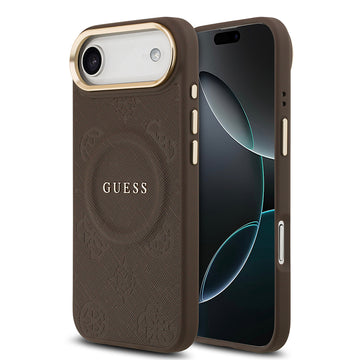 Apple iPhone 17 Air Kılıf Guess M-safe Özellikli Yazı Logolu PU Deri Peony Kapak Kahverengi