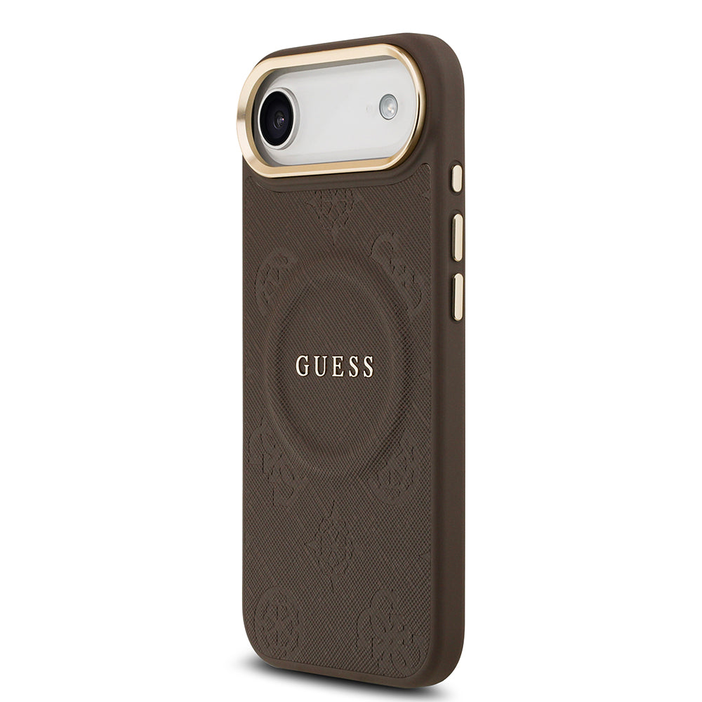 Apple iPhone 17 Air Kılıf Guess M-safe Özellikli Yazı Logolu PU Deri Peony Kapak Kahverengi