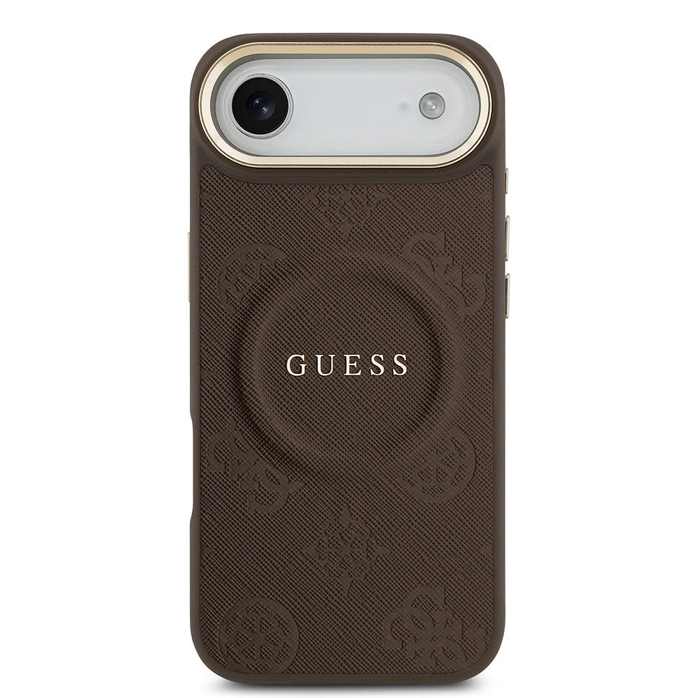Apple iPhone 17 Air Kılıf Guess M-safe Özellikli Yazı Logolu PU Deri Peony Kapak Kahverengi