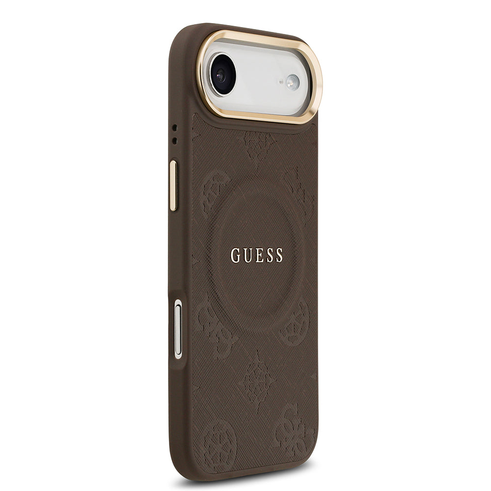 Apple iPhone 17 Air Kılıf Guess M-safe Özellikli Yazı Logolu PU Deri Peony Kapak Kahverengi