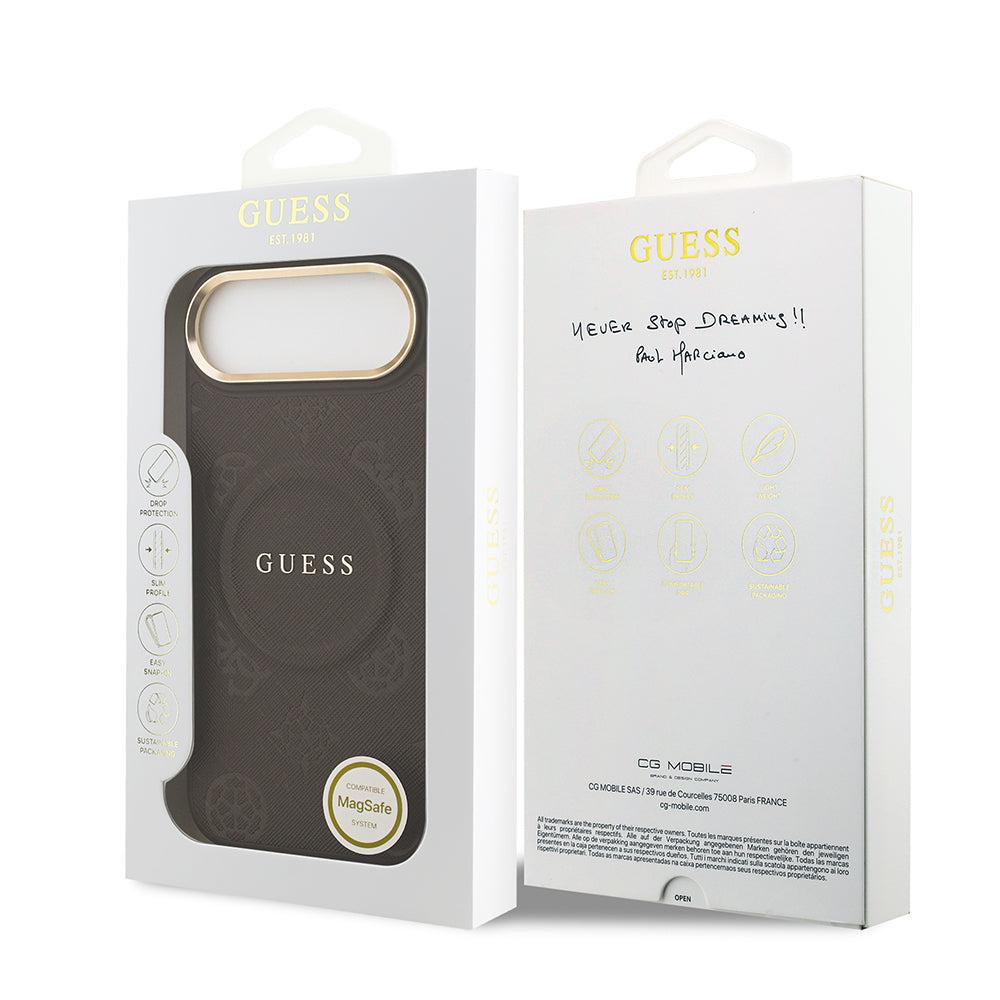Apple iPhone 17 Air Kılıf Guess M-safe Özellikli Yazı Logolu PU Deri Peony Kapak Kahverengi