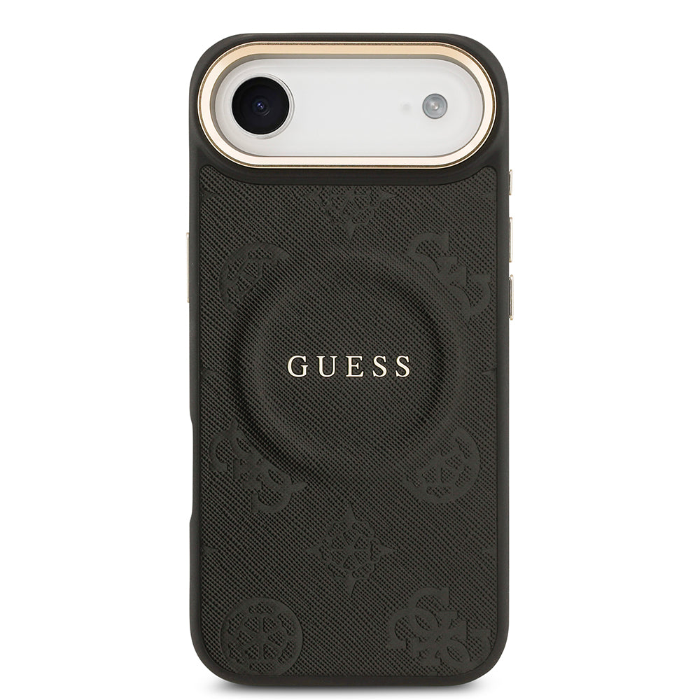 Apple iPhone 17 Air Kılıf Guess M-safe Özellikli Yazı Logolu PU Deri Peony Kapak Siyah