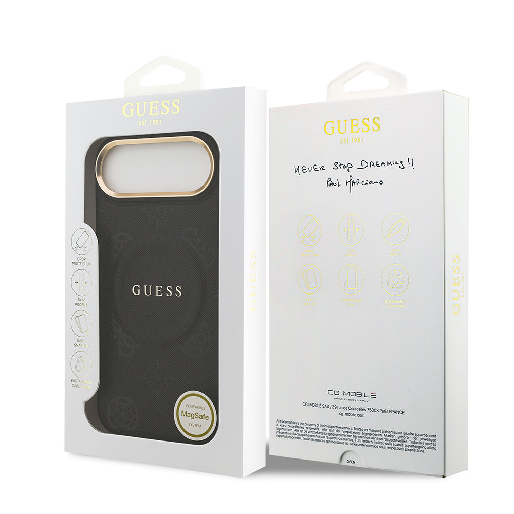 Apple iPhone 17 Air Kılıf Guess M-safe Özellikli Yazı Logolu PU Deri Peony Kapak Siyah