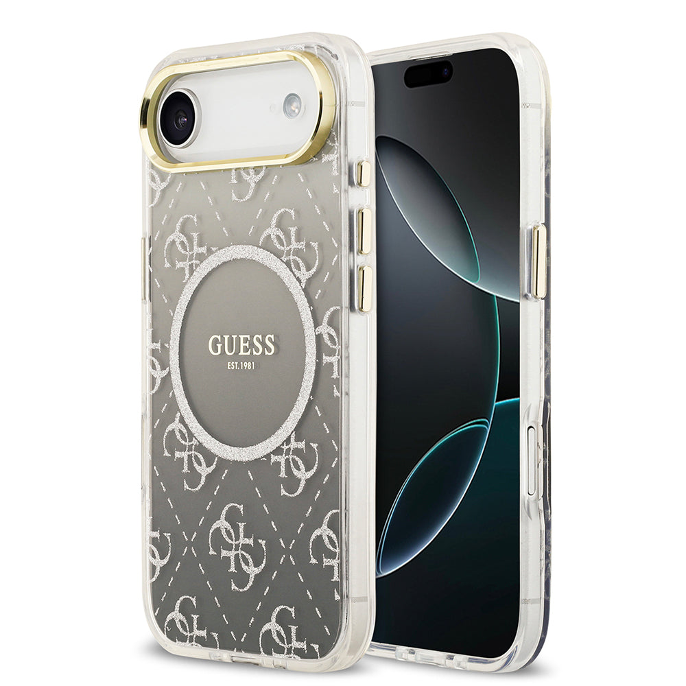 Apple iPhone 17 Air Kılıf Guess M-safe Şarj Özellikli 4G Desenli Simli Transparan Kapak Gri