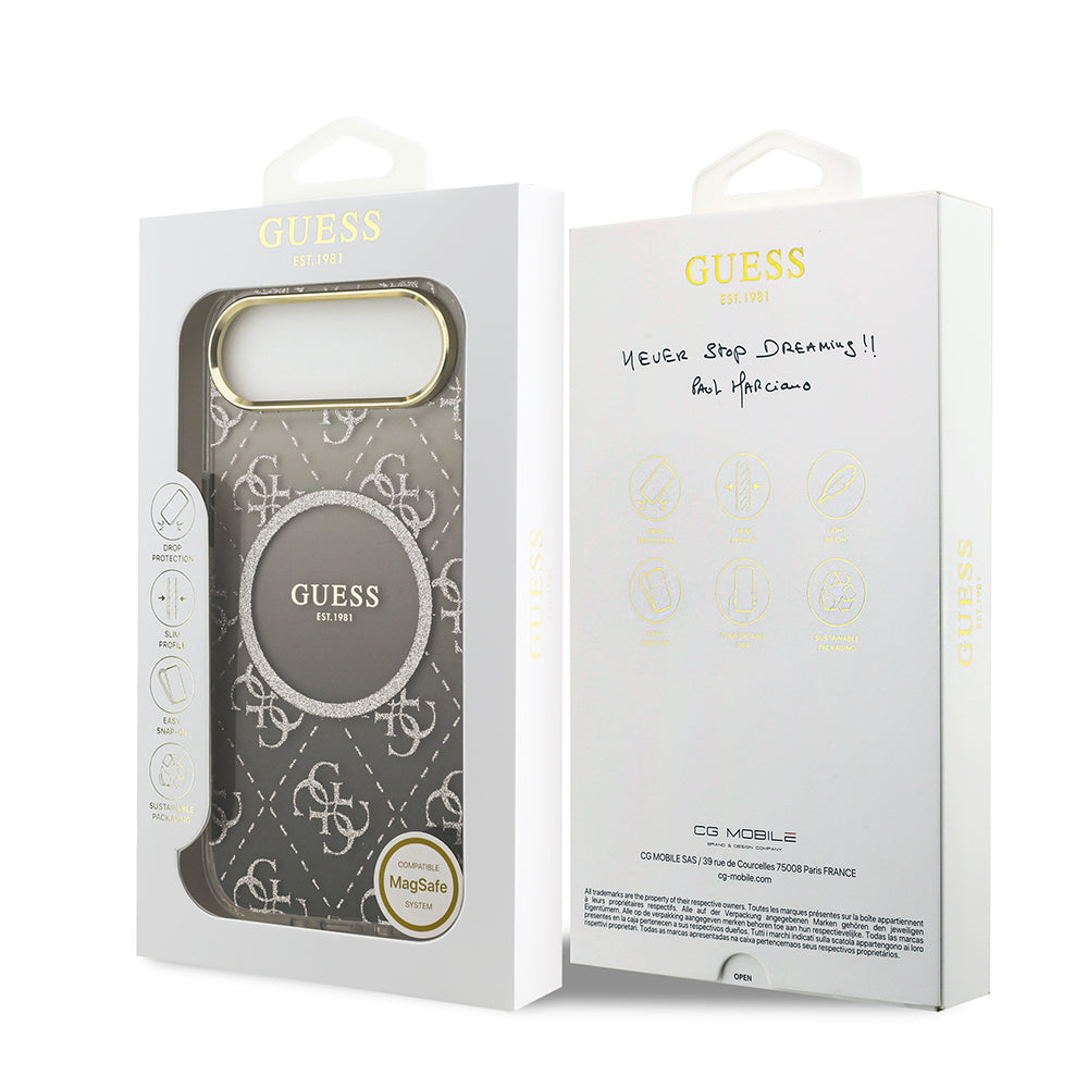Apple iPhone 17 Air Kılıf Guess M-safe Şarj Özellikli 4G Desenli Simli Transparan Kapak Gri