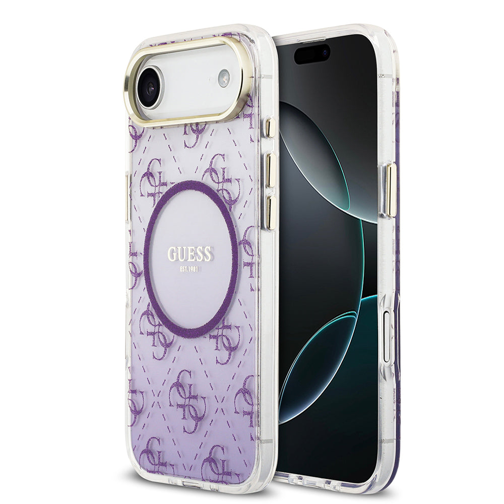 Apple iPhone 17 Air Kılıf Guess M-safe Şarj Özellikli 4G Desenli Simli Transparan Kapak Mor