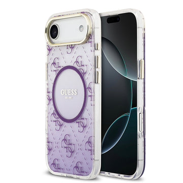 Apple iPhone 17 Air Kılıf Guess M-safe Şarj Özellikli 4G Desenli Simli Transparan Kapak Mor