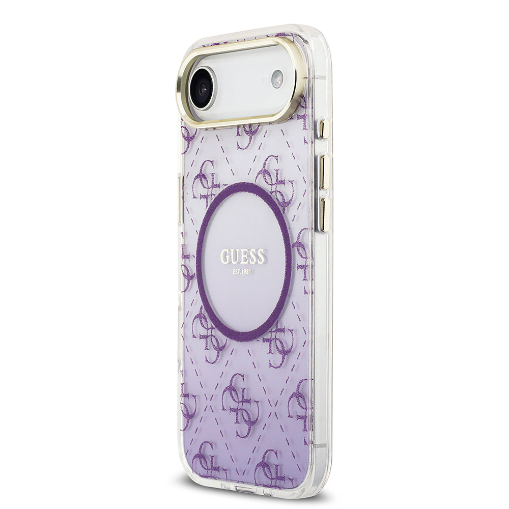 Apple iPhone 17 Air Kılıf Guess M-safe Şarj Özellikli 4G Desenli Simli Transparan Kapak Mor