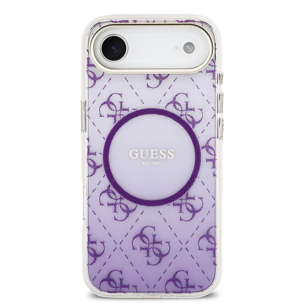 Apple iPhone 17 Air Kılıf Guess M-safe Şarj Özellikli 4G Desenli Simli Transparan Kapak Mor