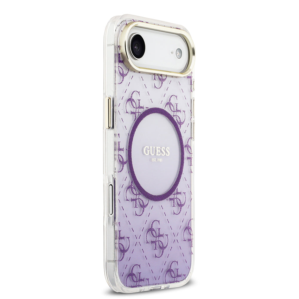 Apple iPhone 17 Air Kılıf Guess M-safe Şarj Özellikli 4G Desenli Simli Transparan Kapak Mor