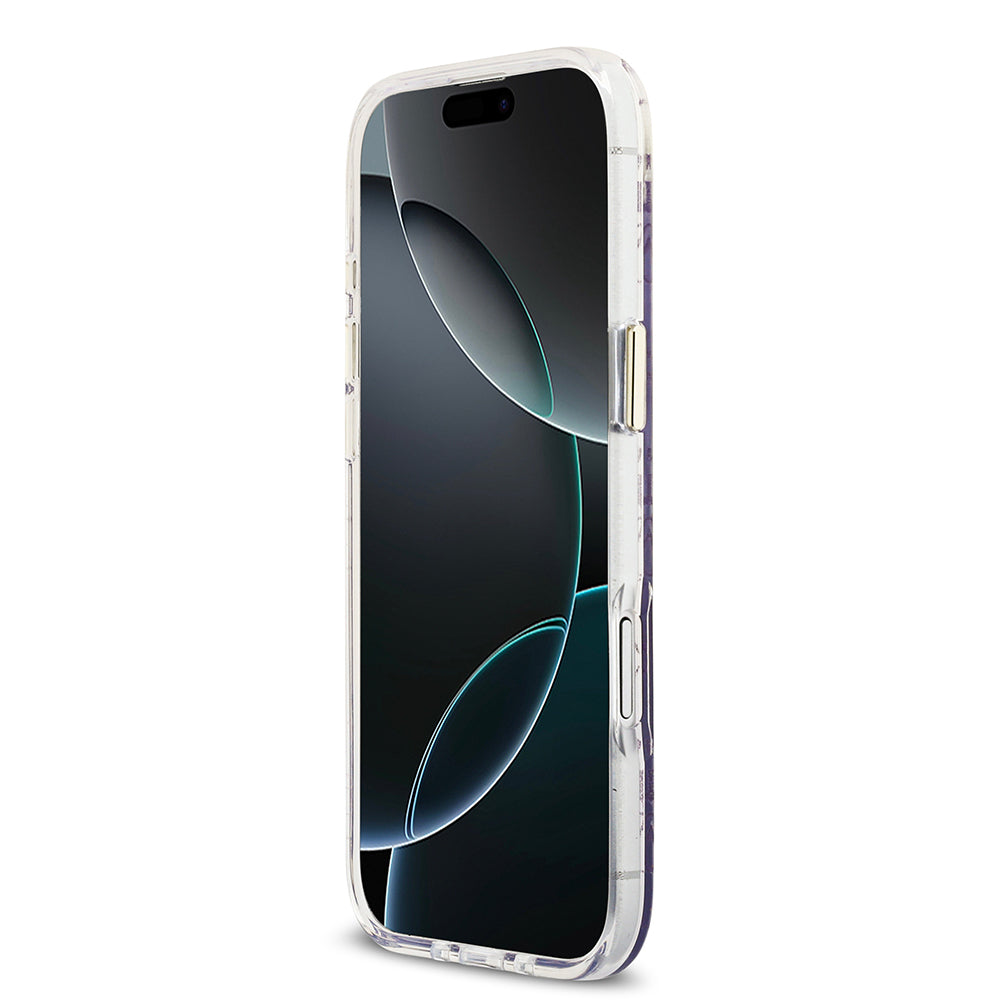 Apple iPhone 17 Air Kılıf Guess M-safe Şarj Özellikli 4G Desenli Simli Transparan Kapak Mor