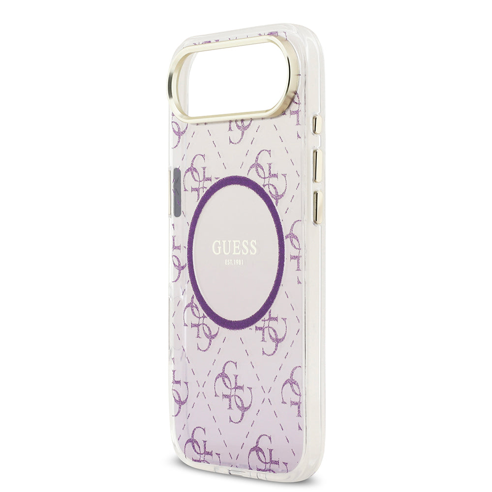 Apple iPhone 17 Air Kılıf Guess M-safe Şarj Özellikli 4G Desenli Simli Transparan Kapak Mor
