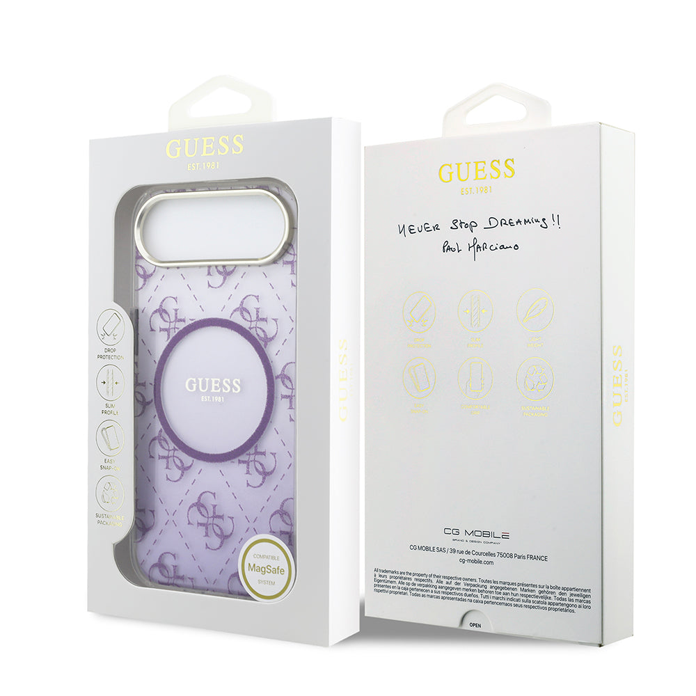 Apple iPhone 17 Air Kılıf Guess M-safe Şarj Özellikli 4G Desenli Simli Transparan Kapak Mor