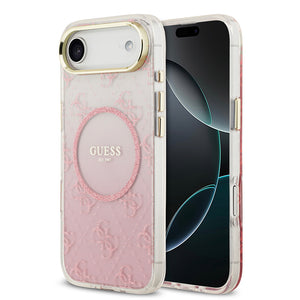 Apple iPhone 17 Air Kılıf Guess M-safe Şarj Özellikli 4G Desenli Simli Transparan Kapak Pembe